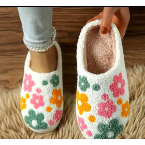 Floral Pattern Plush Slippers Green Pink Orange White 9.5-10